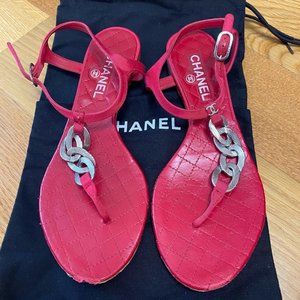 Chanel Red Quilted Sandals Size 37.5